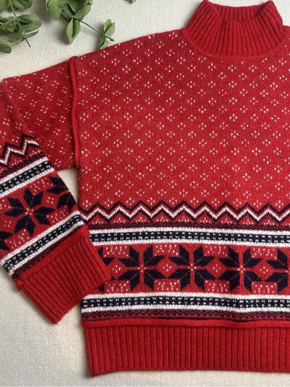 Marled Fair Isle Wool Blend Sweater Red Navy Mock Neck Cozy